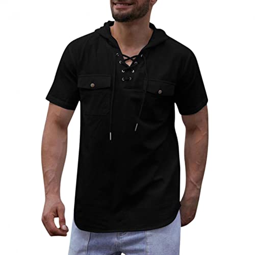 Celucke Leinenhemd Herren Kapuzenhemd Kurzarm Hemd zum Schnüren Kurzarmhemd Sommer Shirt Leinen Hemden Freizeithemd Einfarbig Shirts Männer Loose Sommerhemden Hemdoberteil (Schwarz,3XL) von Celucke