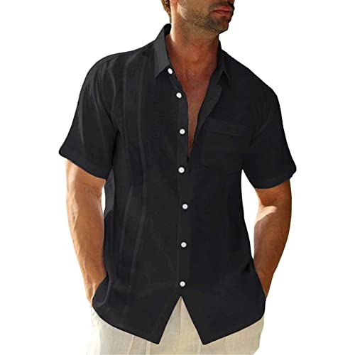 Celucke Leinenhemd Herren Kurzarm Breiter Kragen Einfarbig Freizeithemd Sommerhemd Leinen-Shirt Sommer Strand Casual Urlaub Hemden Leichte Atmungsaktives Bequem (Schwarz, L) von Celucke