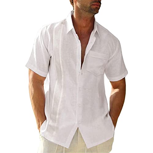 Celucke Leinenhemd Herren Kurzarm Breiter Kragen Einfarbig Freizeithemd Sommerhemd Leinen-Shirt Sommer Strand Casual Urlaub Hemden Leichte Atmungsaktives Bequem (Weiß, L) von Celucke