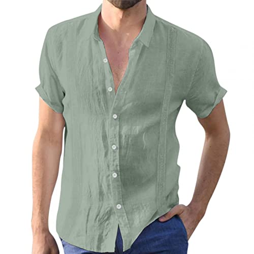 Celucke Leinenhemd Herren Kurzarm Hemd Einfarbig Shirt Henry Kurzarmshirt Sommer Reverskragen Hemden Freizeit Sommerhemd Baumwolle Leinen Shirts Leicht Oberteil Casual(Grün,XL) von Celucke