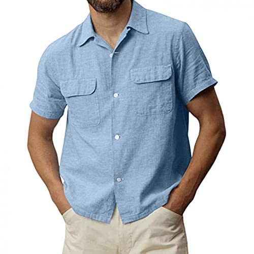 Celucke Leinenhemd Herren Kurzarm Hemd Kurzarmhemd Sommer Regular fit Shirt Leinen Hemden Leichte Freizeithemd Einfarbig Shirts Männer Loose Revers Sommerhemden Tshirt Bluse mit Taschen (Blau,3XL) von Celucke