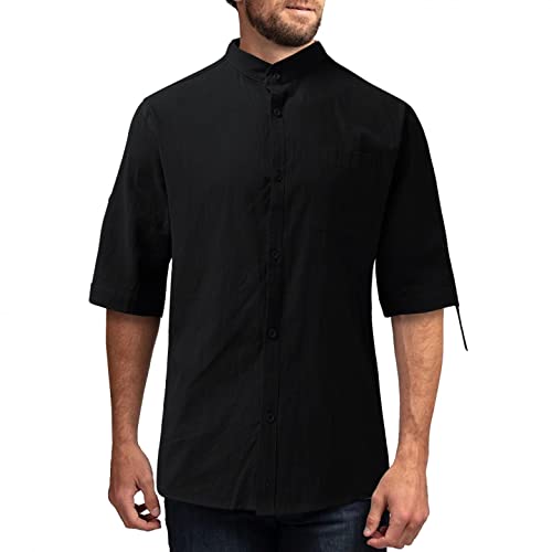 Celucke Leinenhemd Herren Kurzarm Hemd Sommer Kurzarmhemd Stehkragen Regular fit Shirt Baumwolle Leinen Hemden Leichte Freizeithemd Sommerhemden Männer Einfarbig Shirts Tshirt (Schwarz,5XL) von Celucke