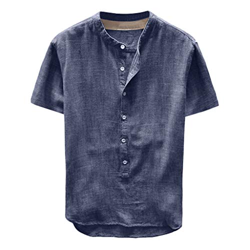 Celucke Leinenhemd Herren Kurzarm Henley Shirt Männer Einfarbig Freizeithemd Übergröße Sommer Casual Hemden Leichte Atmungsaktives Bequem Leinen Sommerhemden Loose Fit (Blau, XXL) von Celucke