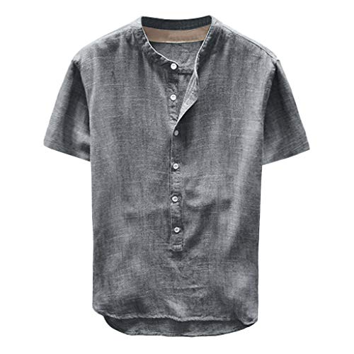 Celucke Leinenhemd Herren Kurzarm Henley Shirt Männer Einfarbig Freizeithemd Übergröße Sommer Casual Hemden Leichte Atmungsaktives Bequem Leinen Sommerhemden Loose Fit (Grau, L) von Celucke