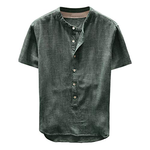 Celucke Leinenhemd Herren Kurzarm Henley Shirt Männer Einfarbig Freizeithemd Übergröße Sommer Casual Hemden Leichte Atmungsaktives Bequem Leinen Sommerhemden Loose Fit (Grün, L) von Celucke