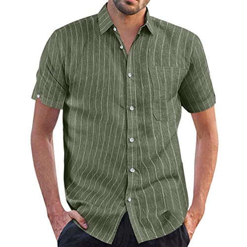 Celucke Leinenhemd Herren Kurzarm Kurzarmhemd Sommer Hemd Shirt Regular fit Leinen Hemden Gestreiftes Freizeithemd Shirts Männer Revers Sommerhemden Tshirt Bluse (Grün,L) von Celucke