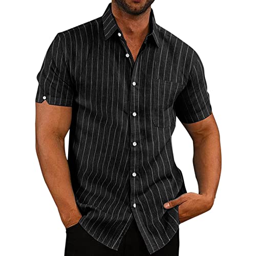 Celucke Leinenhemd Herren Kurzarm Kurzarmhemd Sommer Hemd Shirt Regular fit Leinen Hemden Gestreiftes Freizeithemd Shirts Männer Revers Sommerhemden Tshirt Bluse (Schwarz,XXL) von Celucke