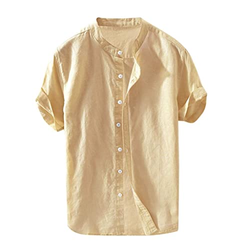 Celucke Leinenhemd Herren Kurzarm Regular fit Henley Kurzarmhemd Sommer Stehkragen Freizeithemd Casual Hemden Leichte Leinen Atmungsaktive Bequem Sommerhemden Loose Shirt(Beige,4XL) von Celucke