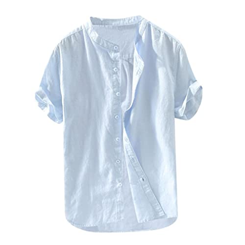 Celucke Leinenhemd Herren Kurzarm Regular fit Henley Kurzarmhemd Sommer Stehkragen Freizeithemd Casual Hemden Leichte Leinen Atmungsaktive Bequem Sommerhemden Loose Shirt(Blau,L) von Celucke