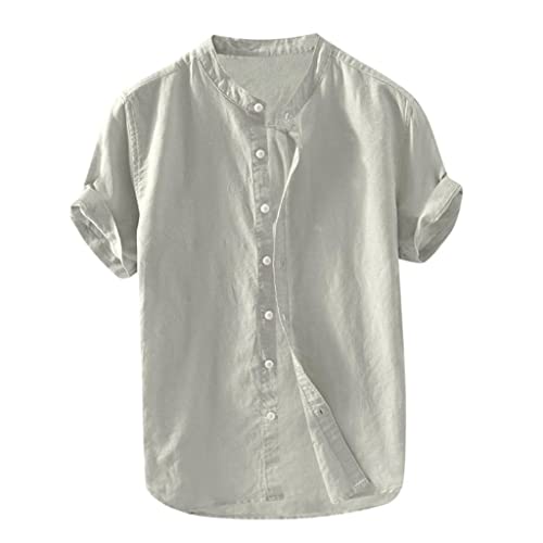 Celucke Leinenhemd Herren Kurzarm Regular fit Henley Kurzarmhemd Sommer Stehkragen Freizeithemd Casual Hemden Leichte Leinen Atmungsaktive Bequem Sommerhemden Loose Shirt(Grau,4XL) von Celucke