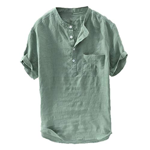 Celucke Leinenhemd Herren Kurzarm Regular fit Henley Kurzarmhemd Sommer Stehkragen Freizeithemd Casual Hemden Leichte Leinen Atmungsaktive Bequem Sommerhemden Loose Shirt von Celucke