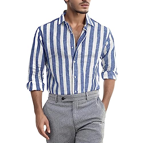 Celucke Leinenhemd Herren Langarm Hemd Gestreifte Shirt Freizeithemden Revers Sommer Hemden Leinen Atmungsaktive Sommerhemden(Blau,3XL) von Celucke