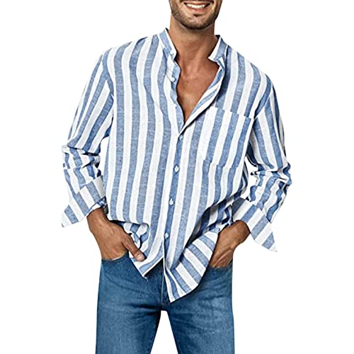Celucke Leinenhemd Herren Langarm Hemd Gestreifte Shirt Freizeithemden Revers Sommer Hemden Leinen Atmungsaktive Sommerhemden(Blau,XXL) von Celucke