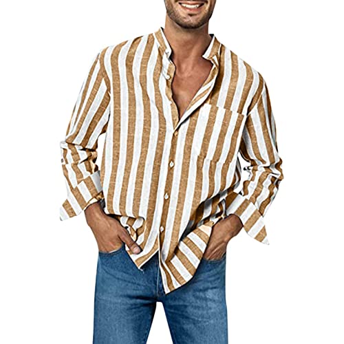 Celucke Leinenhemd Herren Langarm Hemd Gestreifte Shirt Freizeithemden Revers Sommer Hemden Leinen Atmungsaktive Sommerhemden(Gelb,XXL) von Celucke