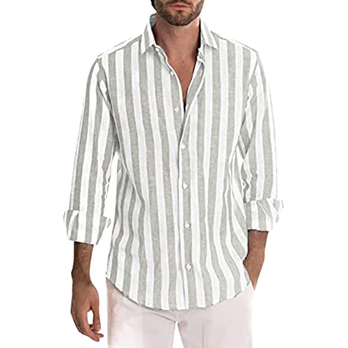 Celucke Leinenhemd Herren Langarm Hemd Gestreifte Shirt Freizeithemden Revers Sommer Hemden Leinen Atmungsaktive Sommerhemden(Grau,XXL) von Celucke