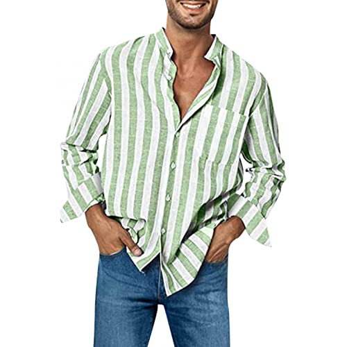 Celucke Leinenhemd Herren Langarm Hemd Gestreifte Shirt Freizeithemden Revers Sommer Hemden Leinen Atmungsaktive Sommerhemden(Grün,3XL) von Celucke