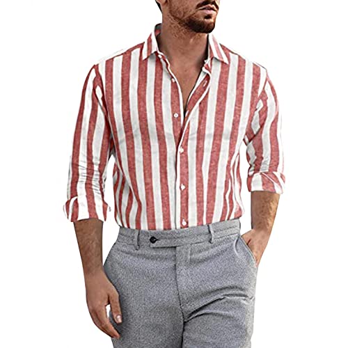 Celucke Leinenhemd Herren Langarm Hemd Gestreifte Shirt Freizeithemden Revers Sommer Hemden Leinen Atmungsaktive Sommerhemden(Rot,L) von Celucke
