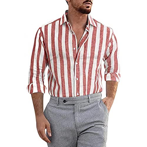 Celucke Leinenhemd Herren Langarm Hemd Gestreifte Shirt Freizeithemden Revers Sommer Hemden Leinen Atmungsaktive Sommerhemden(Rot,XXL) von Celucke