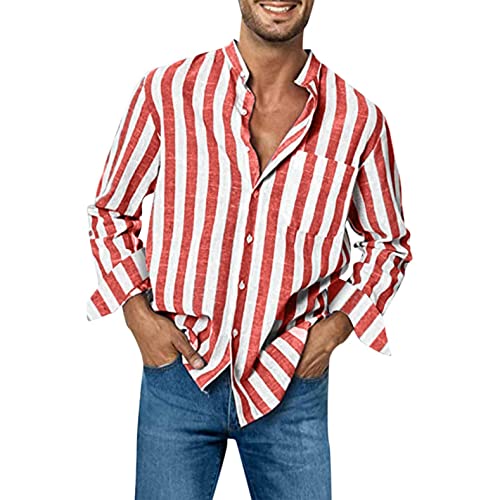 Celucke Leinenhemd Herren Langarm Hemd Gestreifte Shirt Freizeithemden Revers Sommer Hemden Leinen Atmungsaktive Sommerhemden(Rot,XXL) von Celucke