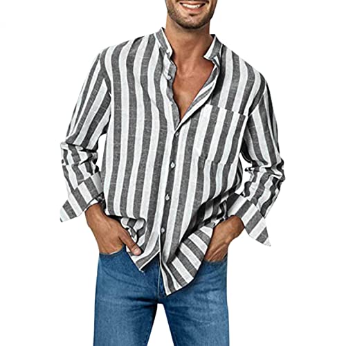 Celucke Leinenhemd Herren Langarm Hemd Gestreifte Shirt Freizeithemden Revers Sommer Hemden Leinen Atmungsaktive Sommerhemden(Schwarz,L) von Celucke