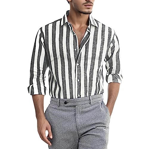 Celucke Leinenhemd Herren Langarm Hemd Gestreifte Shirt Freizeithemden Revers Sommer Hemden Leinen Atmungsaktive Sommerhemden(Schwarz,XL) von Celucke