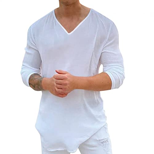 Celucke Leinenhemd Herren Langarm Hemd Männer Hemden Langarm mit V-Ausschnitt Shirt Einfarbig Shirts Sommerhemd Baumwolle Langarmhemd Langarmshirt Freizeithemd Tshirt (Weiß,L) von Celucke
