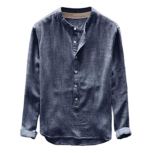 Celucke Leinenhemd Herren Langarm Henley Shirt Männer Einfarbig Freizeithemd Übergröße Sommer Casual Hemden Leichte Atmungsaktives Bequem Leinen Sommerhemden Loose Fit (Blau, XXL) von Celucke