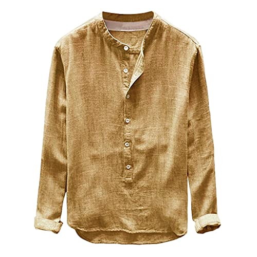 Celucke Leinenhemd Herren Langarm Henley Shirt Männer Einfarbig Freizeithemd Übergröße Sommer Casual Hemden Leichte Atmungsaktives Bequem Leinen Sommerhemden Loose Fit (Gelb, L) von Celucke