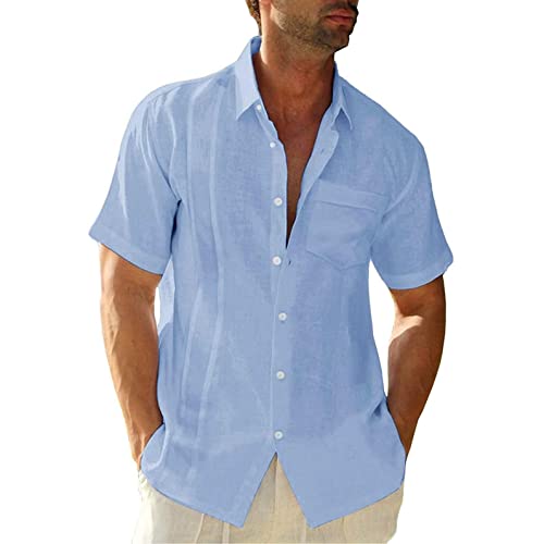 Celucke Leinenhemd Kurzarm Herren Hemd Leinen Männer Henley Kurzarmhemd Sommer Einfarbig Freizeithemd Casual Leinen Hemden Leichte Atmungsaktive Bequem Sommerhemden Loose Shirt(Blau,L) von Celucke