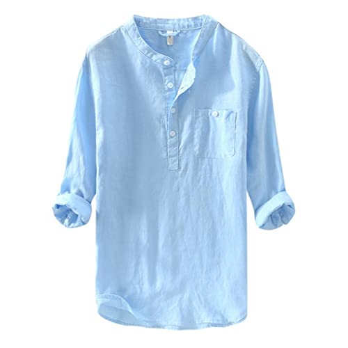 Celucke Leinenhemd Sommer Hemd Leinen Männer Henley Tasche Langarmhemd Sommer Stehkragen Freizeithemd Casual Hemden Leichte Leinen Atmungsaktive Bequem Sommerhemden Loose Shirt(Blau,XXL) von Celucke