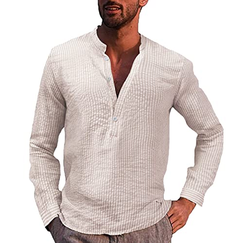 Celucke Leinenhemd Sommer Herren Henley Hemd Langarm Streifen Tasche Langarmhemd Stehkragen Freizeithemd Casual Hemden Leichte Leinen Atmungsaktive Bequem Sommerhemden Loose Shirt(Beige,L) von Celucke