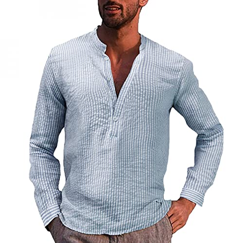 Celucke Leinenhemd Sommer Herren Henley Hemd Langarm Streifen Tasche Langarmhemd Stehkragen Freizeithemd Casual Hemden Leichte Leinen Atmungsaktive Bequem Sommerhemden Loose Shirt(Blau,M) von Celucke
