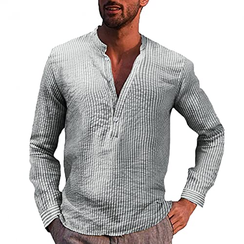 Celucke Leinenhemd Sommer Herren Henley Hemd Langarm Streifen Tasche Langarmhemd Stehkragen Freizeithemd Casual Hemden Leichte Leinen Atmungsaktive Bequem Sommerhemden Loose Shirt(Schwarz,3XL) von Celucke