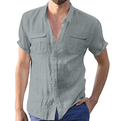 Celucke Leinenhemd Sommer Herren Kurzarm Regular fit Sommer Henley Kurzarmhemd mit Taschen Casual Hemden Leichte Leinen Atmungsaktive Bequem Sommerhemden Loose Shirt(Grau,XXL) von Celucke