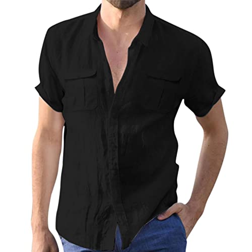 Celucke Leinenhemd Sommer Herren Kurzarm Regular fit Sommer Henley Kurzarmhemd mit Taschen Casual Hemden Leichte Leinen Atmungsaktive Bequem Sommerhemden Loose Shirt Schwarz,XL von Celucke