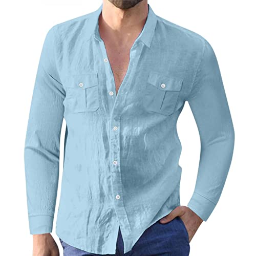 Celucke Leinenhemd Sommer Herren Langarm Regular fit Sommer Henley Langarmhemd mit Taschen Casual Hemden Leichte Leinen Atmungsaktive Bequem Sommerhemden Loose Shirt(Blau,M) von Celucke