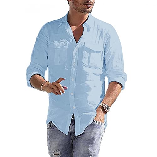 Celucke Leinenhemd Sommer Herren Langarm Regular fit Tasche Henley Langarmhemd Reverskragen Freizeithemd Casual Hemden Leichte Leinen Atmungsaktive Bequem Sommerhemden Loose Shirt(Blau,M) von Celucke