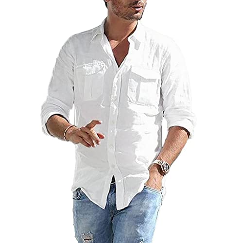 Celucke Leinenhemd Sommer Herren Langarm Regular fit Tasche Henley Langarmhemd Reverskragen Freizeithemd Casual Hemden Leichte Leinen Atmungsaktive Bequem Sommerhemden Loose Shirt(Weiß,4XL) von Celucke