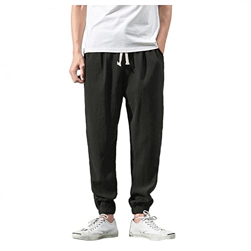 Celucke Leinenhose Baumwollhose Herren Lang Leinen Freizeithose Stoffhose Einfarbig Strandhose Sommerhose Männer Leicht Yoga Hose Bequem Loose Hosen Sport Jogging(Schwarz,3XL) von Celucke