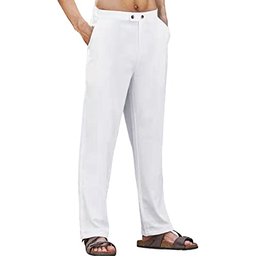 Celucke Leinenhose Herren Lange Hose Sommer Freizeit Hosen Stoffhose Regular Fit Baumwollhose Elegant High Waist Anzughosen Pants(Weiß,XL) von Celucke