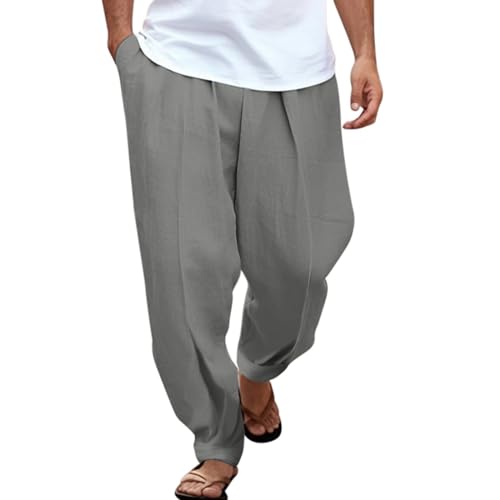Celucke Leinenhose Herren Sommer Herbst Lose Lässige Haremshose mit Taschen Tasten Einfarbig Baumwolle Und Leinen Freizeit Hose Männer Sommerhose Lange Atmungsaktiv Strandhose Yogahose von Celucke