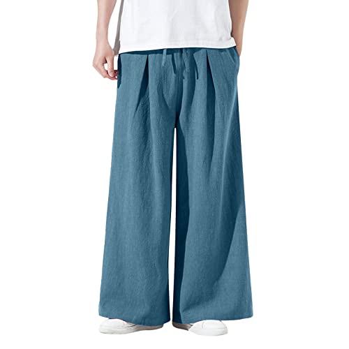 Celucke Leinenhose Herren aus Baumwollleinen mit Mittlerer Taille im Chinesischen Stil Meditationshose Casual Lose gerades Bein weites Bein Baggy Yogahose Bequem Stoffhose(Blau,XL) von Celucke