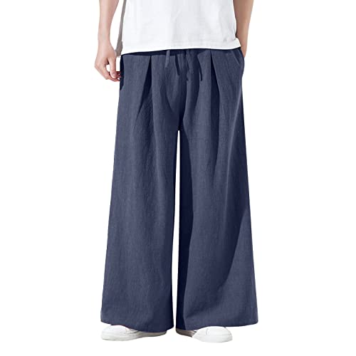 Celucke Leinenhose Herren aus Baumwollleinen mit Mittlerer Taille im Chinesischen Stil Meditationshose Casual Lose gerades Bein weites Bein Baggy Yogahose Bequem Stoffhose(Marine,XL) von Celucke