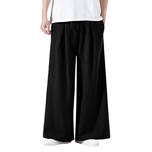 Celucke Leinenhose Herren aus Baumwollleinen mit Mittlerer Taille im Chinesischen Stil Meditationshose Casual Lose gerades Bein weites Bein Baggy Yogahose Bequem Stoffhose(Schwarz,3XL) von Celucke