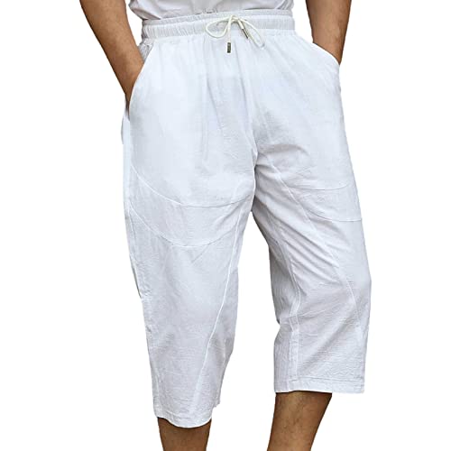 Celucke Leinenshorts Herren kurz Short Baggy Sommer Freizeithose Leinen Haremshose Männer Sommerhose Elastischer Bund Yoga Leicht Hose Urlaub Strandshorts(Weiß,5XL) von Celucke