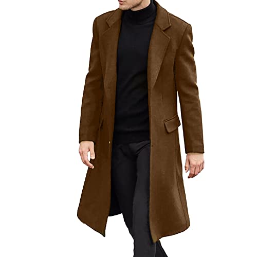 Celucke Mantel Herren Lange Jacke Overknee Tweedjacke Langarm Wintermantel Business Freizeit Wollmantel Revers Trenchcoat Jacken Übergangsjacke mit Knopfleiste Männermantel(Braun,M) von Celucke