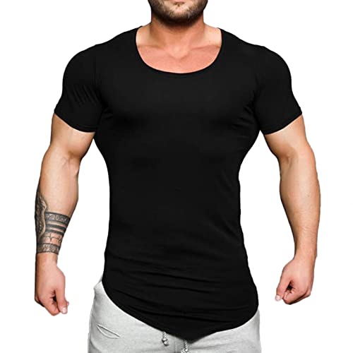 Celucke Muskelshirt T Shirt Herren Stretch Kurzarm Basic Shirts mit V-Ausschnitt, Männer Casual Baumwoll Coole Kurzarmshirt Slim Fit (Schwarz,XL) von Celucke