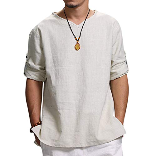 Celucke Oversize Leinen T Shirts Männer V Ausschnitt 3/4 Ärmel, Sommer Strand T-Shirt Herren Kurzarmshirt Mann Casual Leichte Bequem Atmungsaktives (Weiß, XXXXL) von Celucke