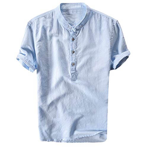 Celucke Oversize Leinenhemd Herren Kurzarm Grandad Ausschnitt, Männer Freizeithemd Henley Shirt Sommer Casual Hemden Leichte Atmungsaktives Bequem Leinen Sommerhemden (Blau, XXXL) von Celucke