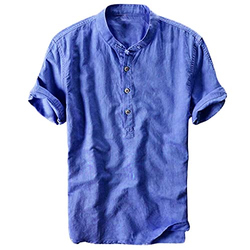 Celucke Oversize Leinenhemd Herren Kurzarm Grandad Ausschnitt, Männer Freizeithemd Henley Shirt Sommer Casual Hemden Leichte Atmungsaktives Bequem Leinen Sommerhemden (Blau, XXXL) von Celucke